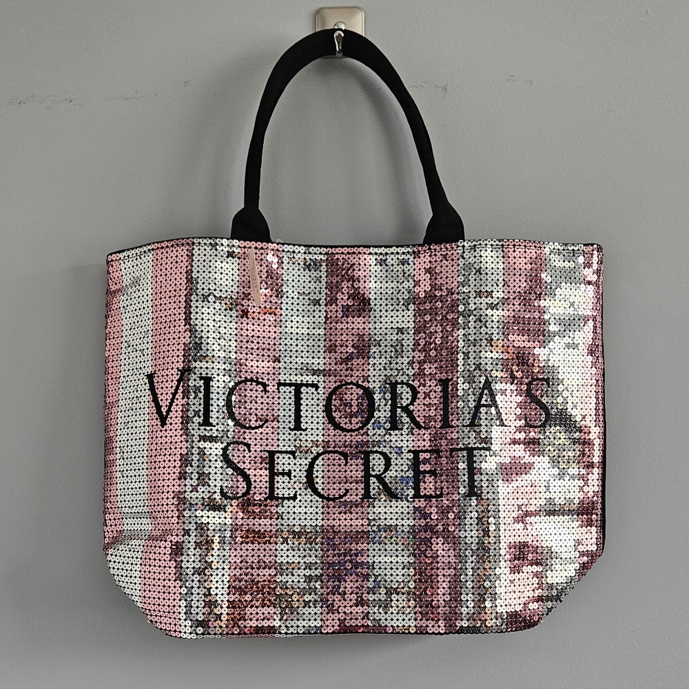 NEW Victoria's Secret Sequin Stripes Canvas Weekender Tote Bag Limited Edition - Picture 2 of 11